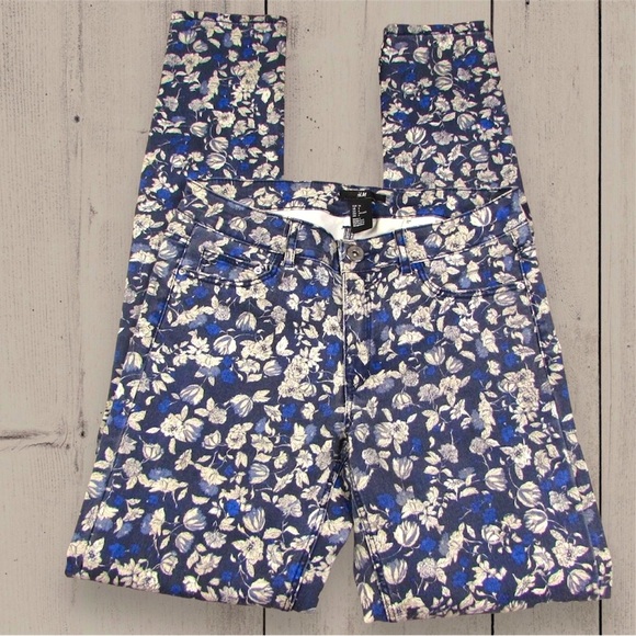H&M Size 6 Floral Super Slim Skinny Jeans Blue Cream - Picture 1 of 6